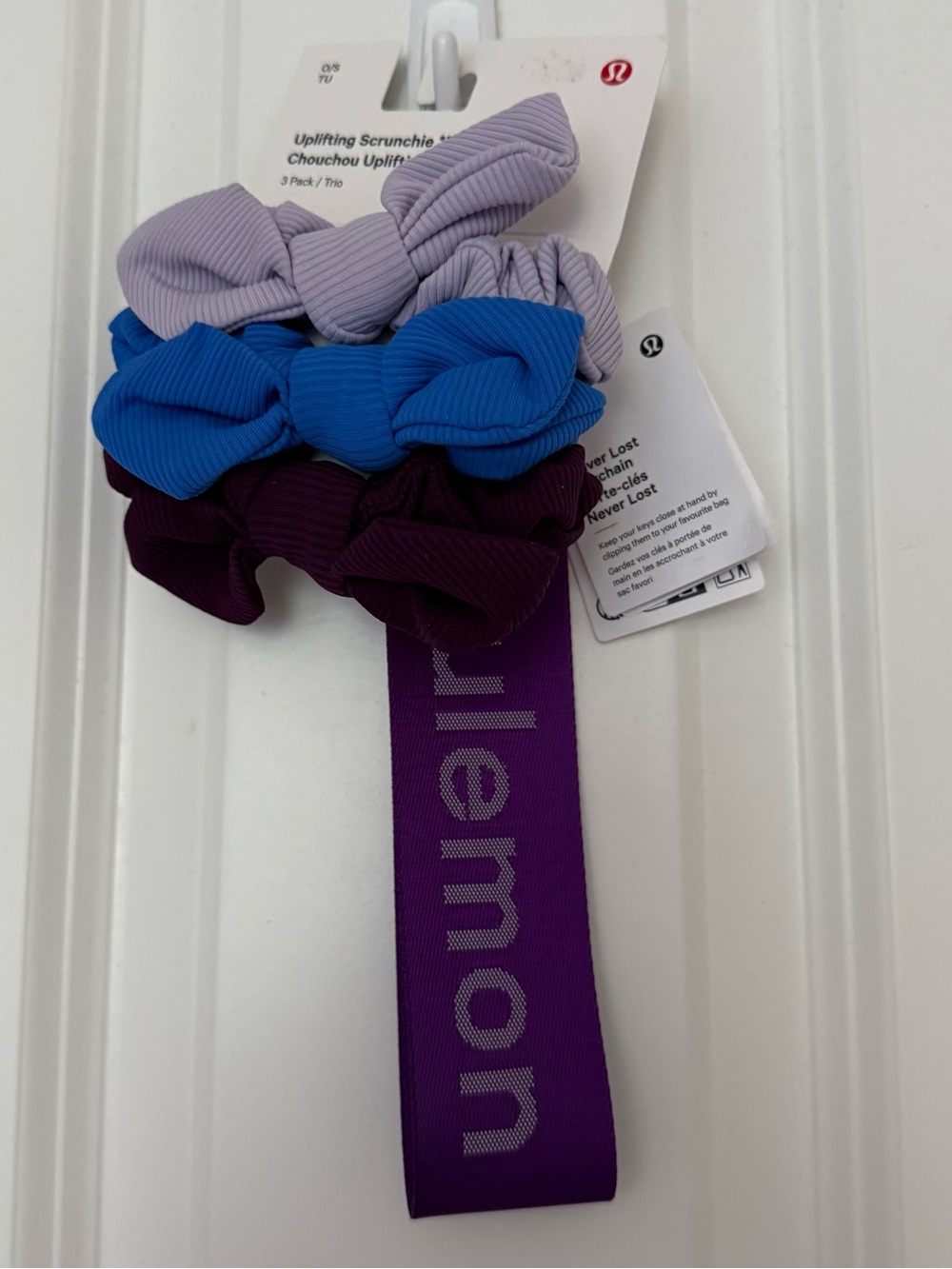 NWT Lululemon Uplifting Scrunchie Set & Never Lost Keychain in College Purple